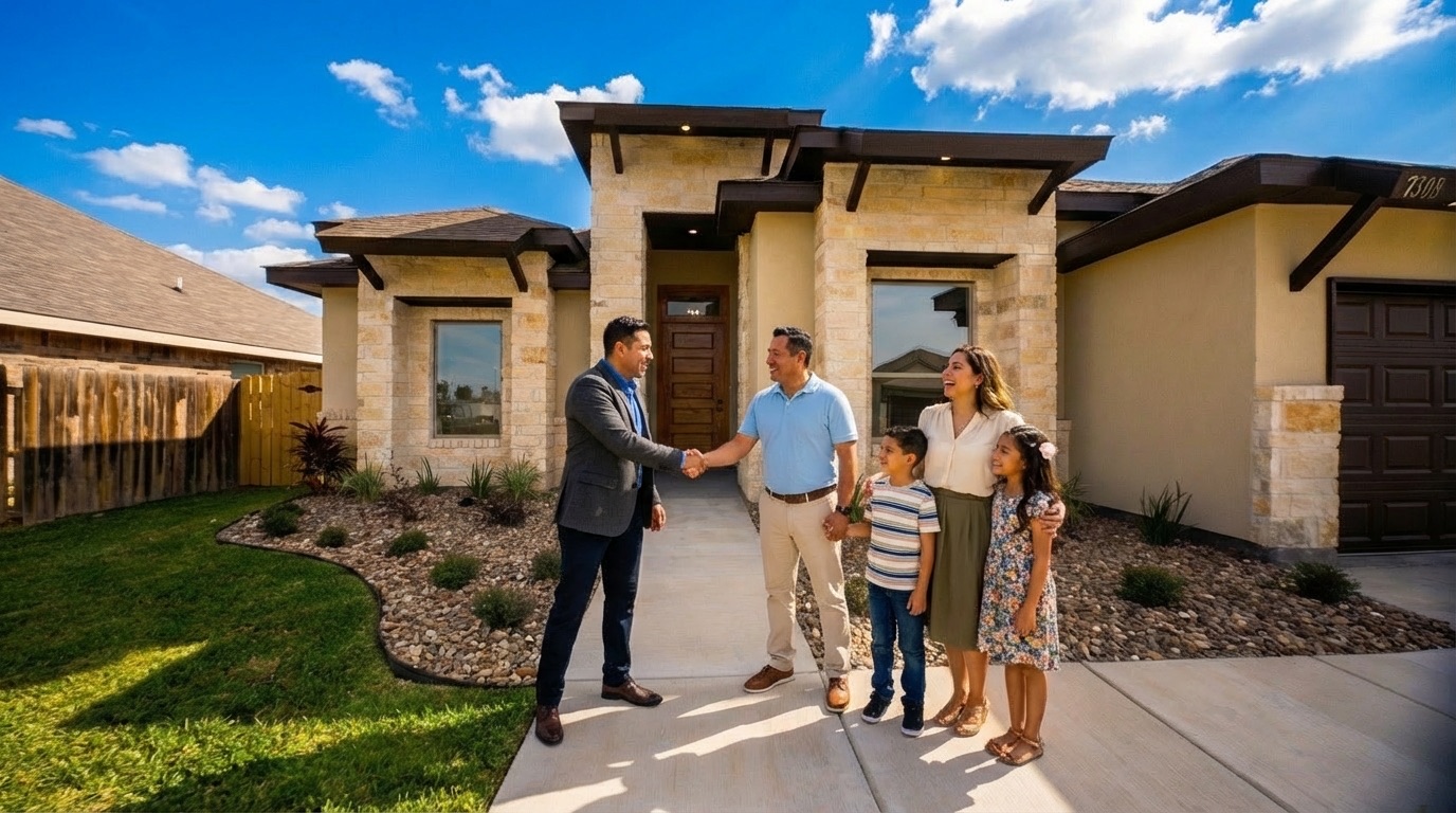 A family in front of a U R HOME TEXAS home