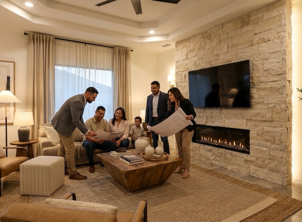 A family reviewing floor plans with a U R HOME TEXAS representative